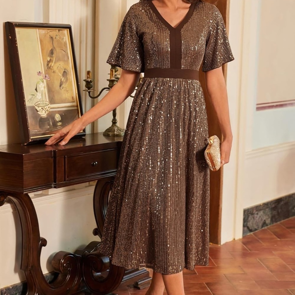 Grace Karin Brown Sequin Midi Dress